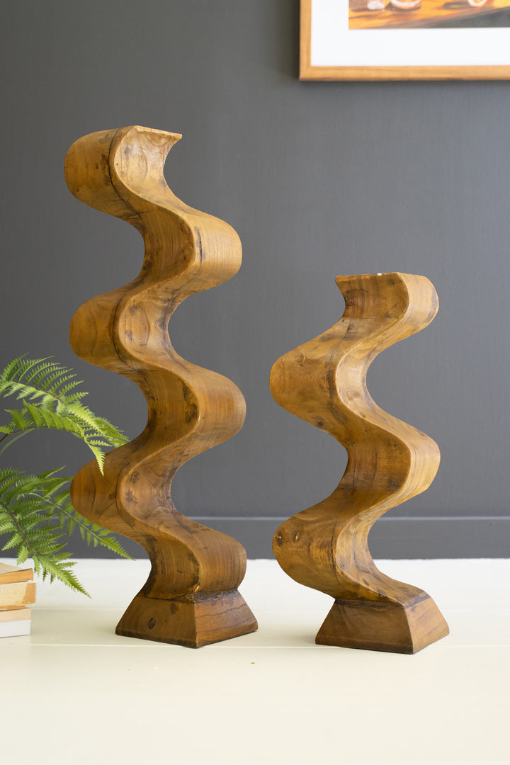 Set of 2 Hand-Carved Wooden Wavy Pedestals