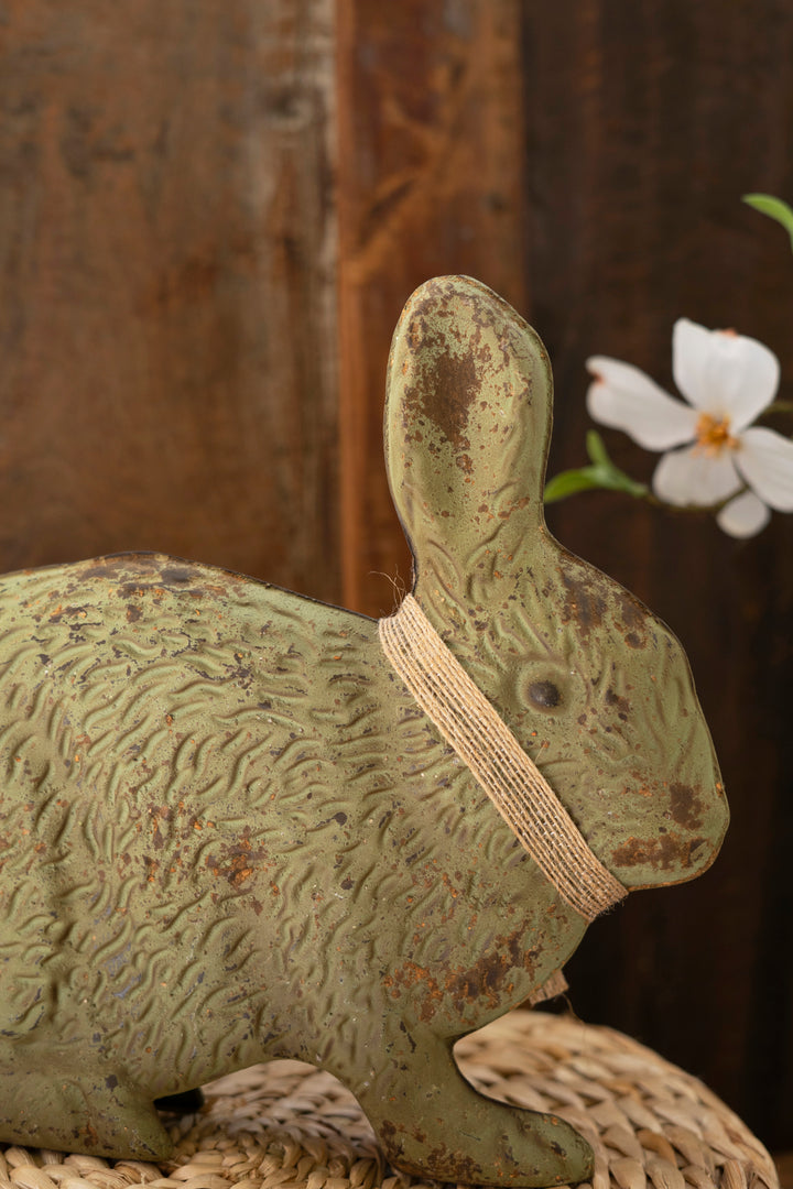 Set of 2 Painted Antique Green and White Metal Rabbits