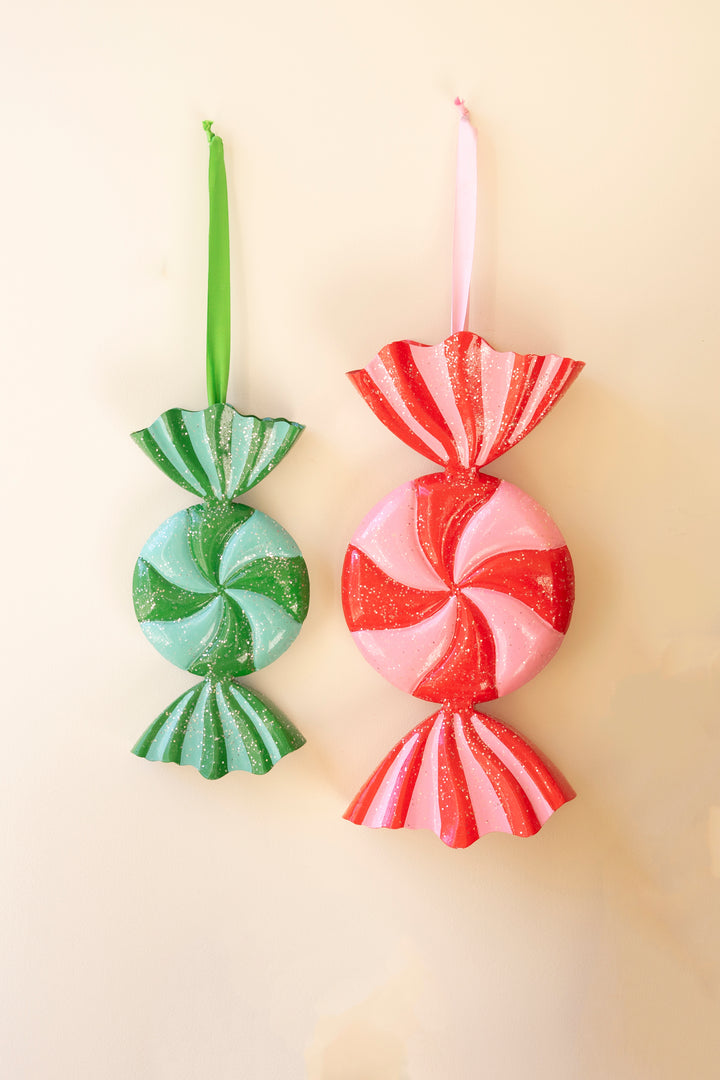 Set of 2 Large Painted Metal Colorful Christmas Candy Ornaments