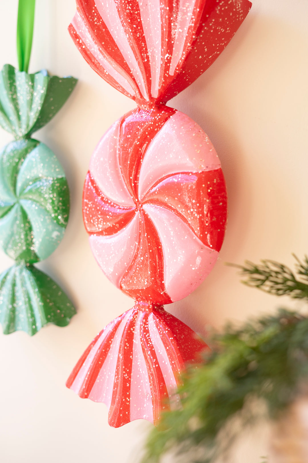 Set of 2 Large Painted Metal Colorful Christmas Candy Ornaments