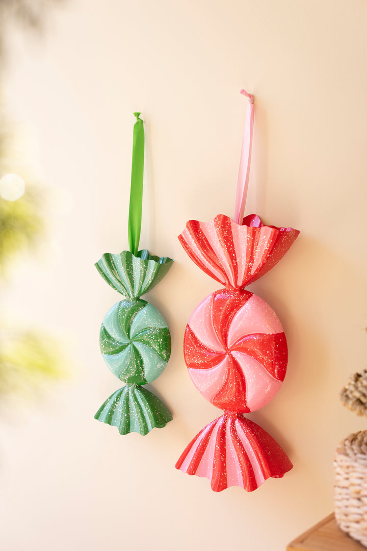 Set of 2 Large Painted Metal Colorful Christmas Candy Ornaments