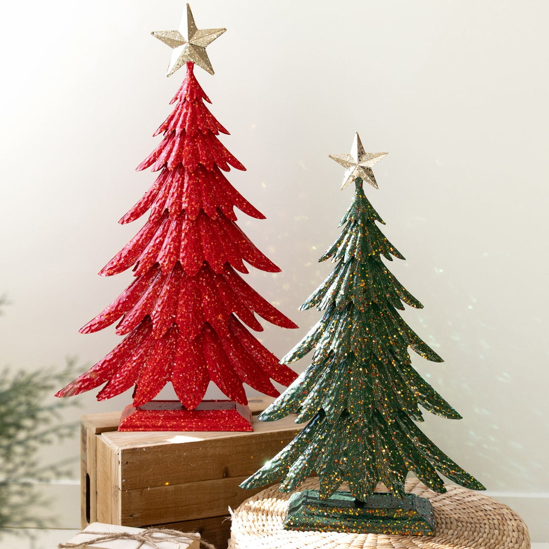 Set of 2 Painted Metal Christmas Trees with Glitter