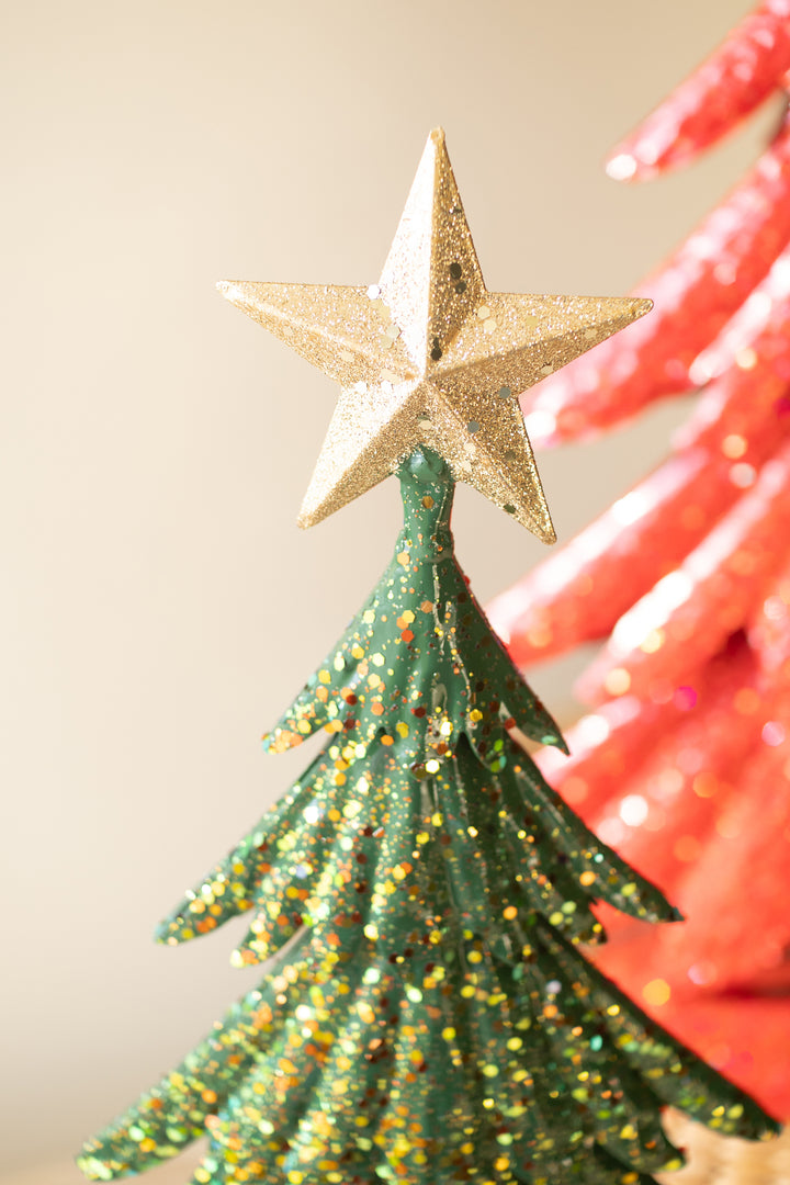Set of 2 Painted Metal Christmas Trees with Glitter