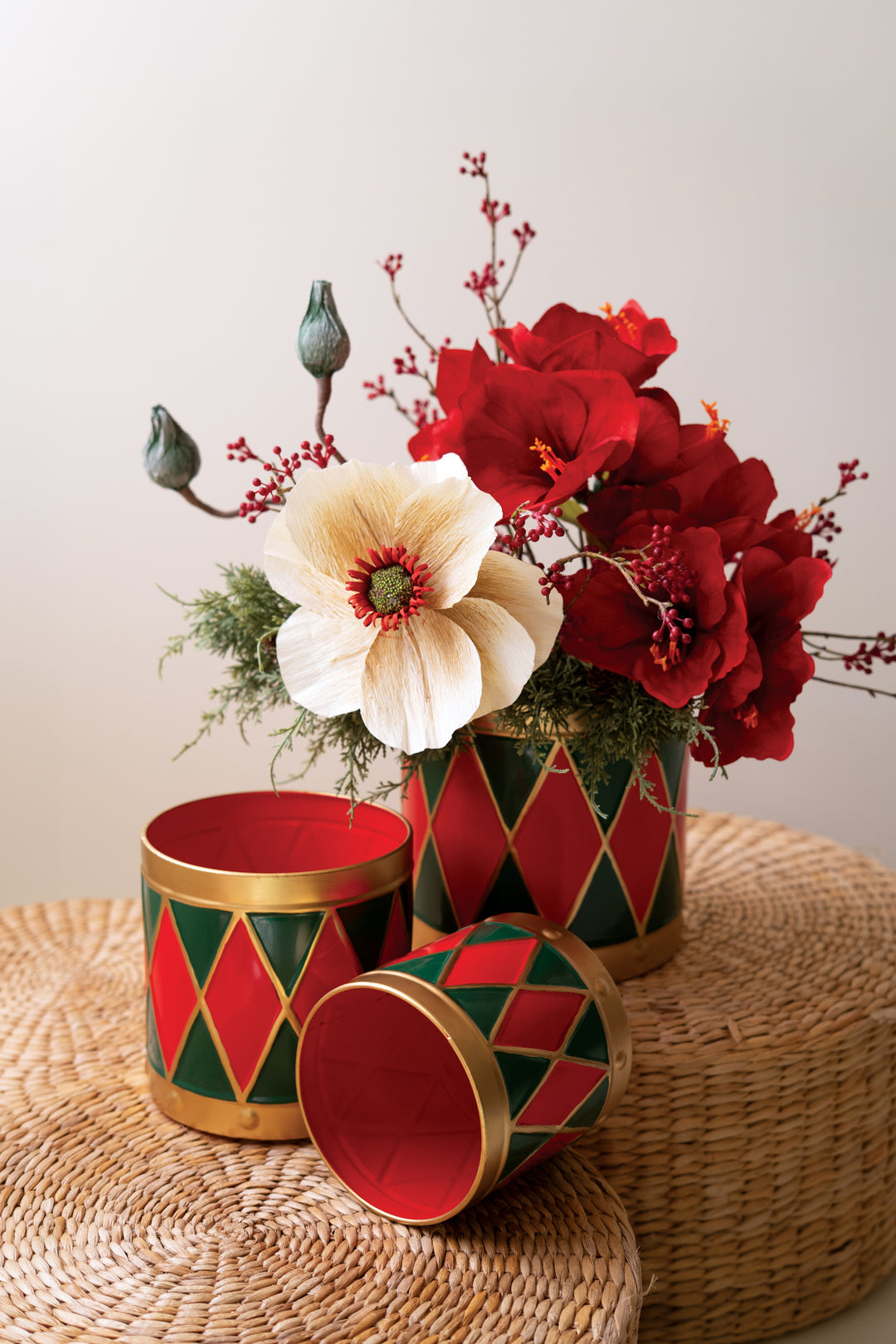 Set of 3 Painted Metal Drum Christmas Planters