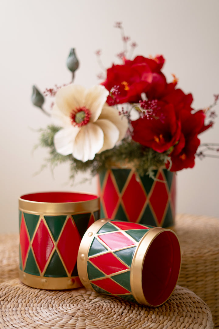 Set of 3 Painted Metal Drum Christmas Planters