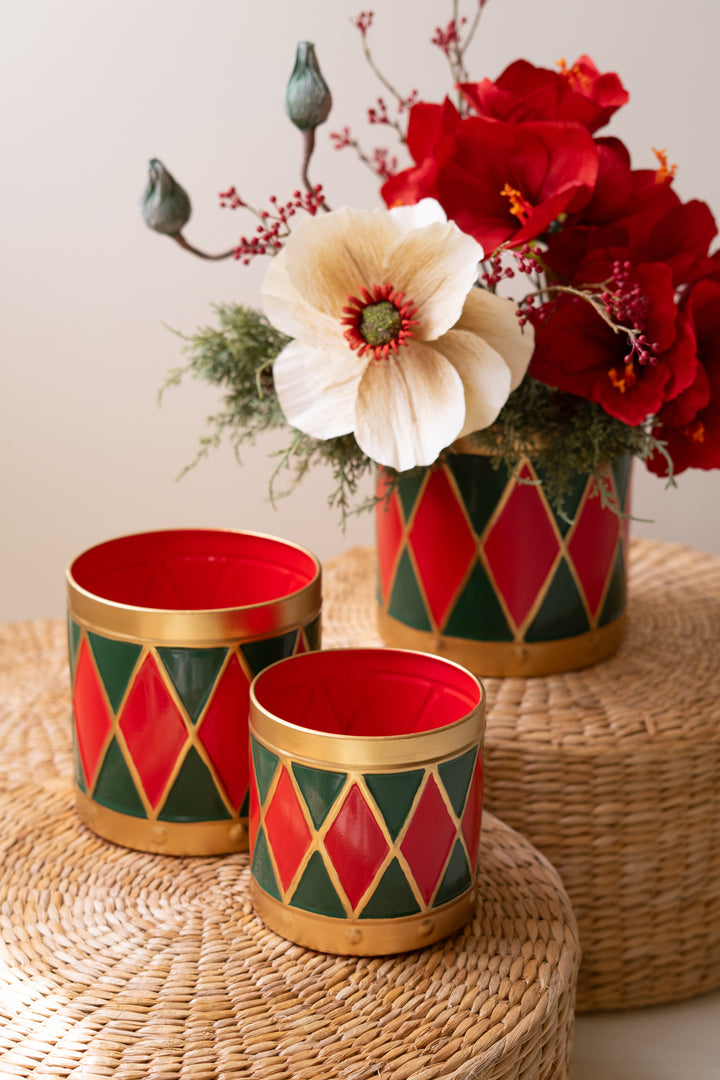 Set of 3 Painted Metal Drum Christmas Planters
