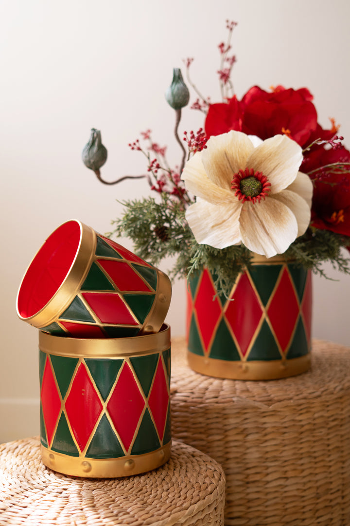 Set of 3 Painted Metal Drum Christmas Planters