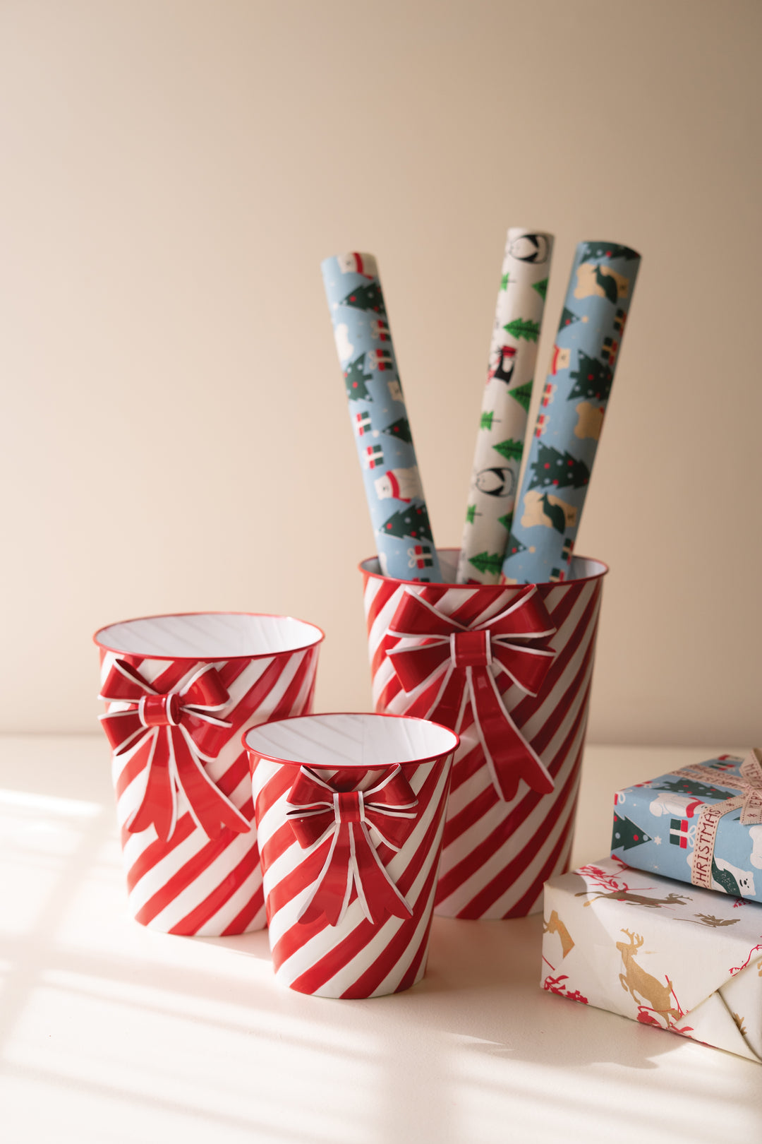 Set of 3 Painted Metal Striped Christmas Planters