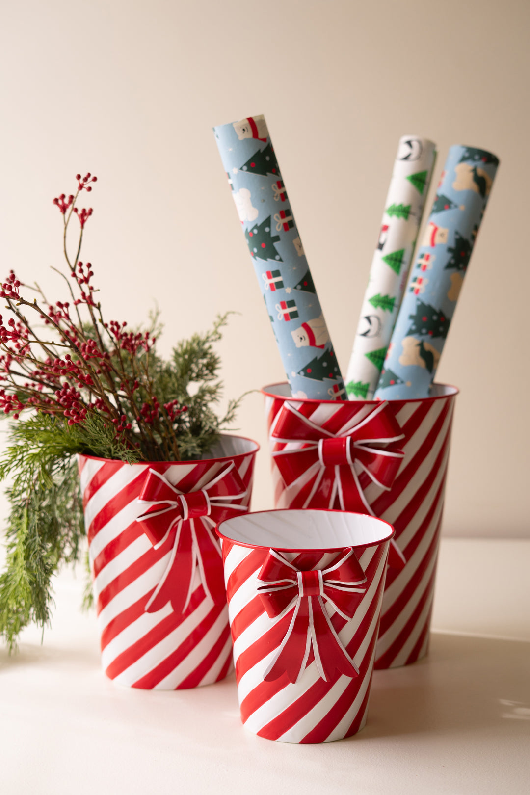 Set of 3 Painted Metal Striped Christmas Planters