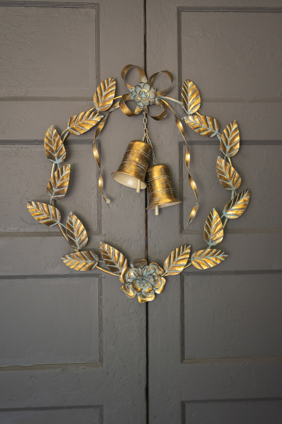 Antique Brass Christmas Wreath with Leaves and Bells