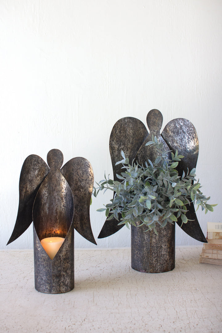 Set of 2 Rustic Metal Angel Candle Holders