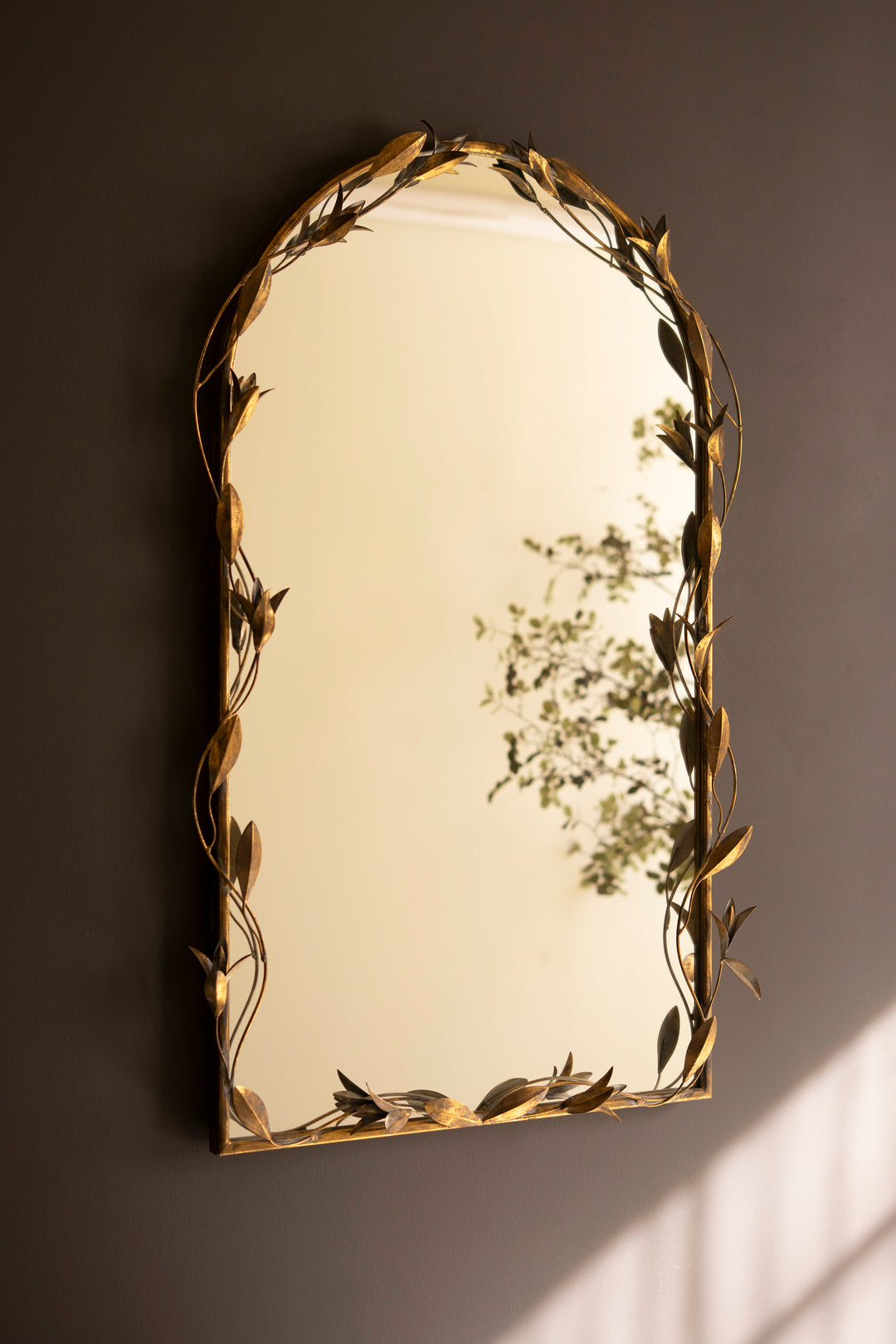 Tall Arched Antique Brass Framed Mirror with Leaves