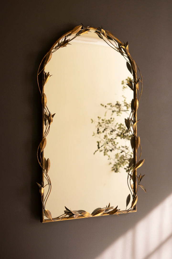 Tall Arched Antique Brass Framed Mirror with Leaves
