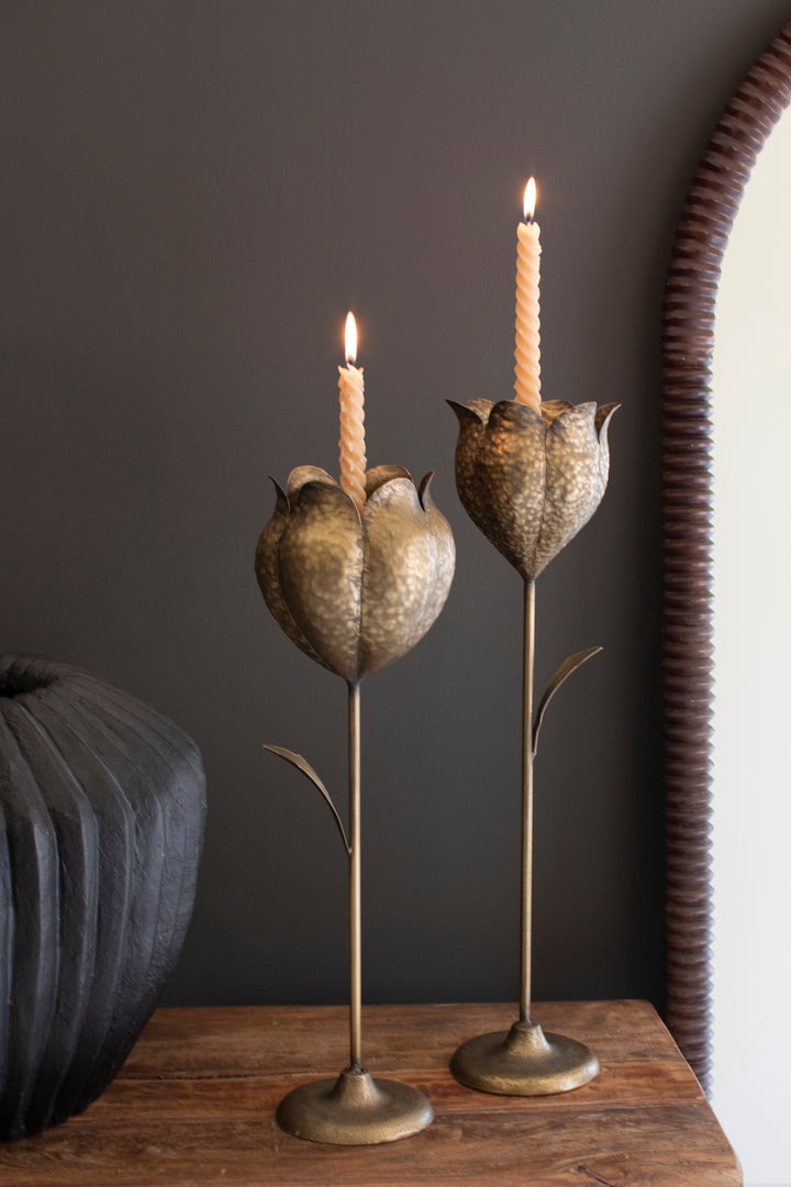 Set of 2 Antique Brass Tulip Taper Candle Holders