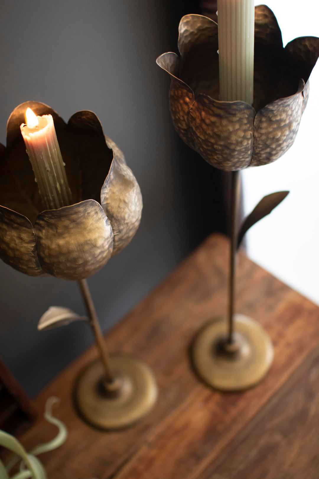 Set of 2 Antique Brass Tulip Taper Candle Holders