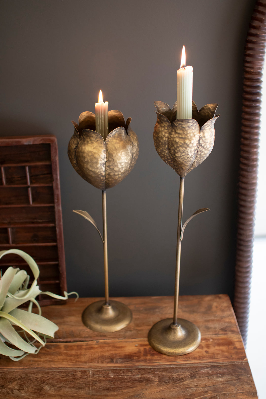 Set of 2 Antique Brass Tulip Taper Candle Holders