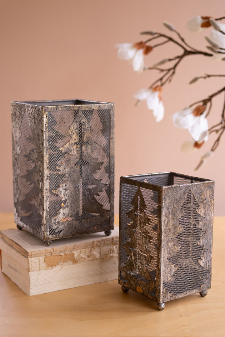 Set of 2 Rustic Metal Christmas Tree Luminaries
