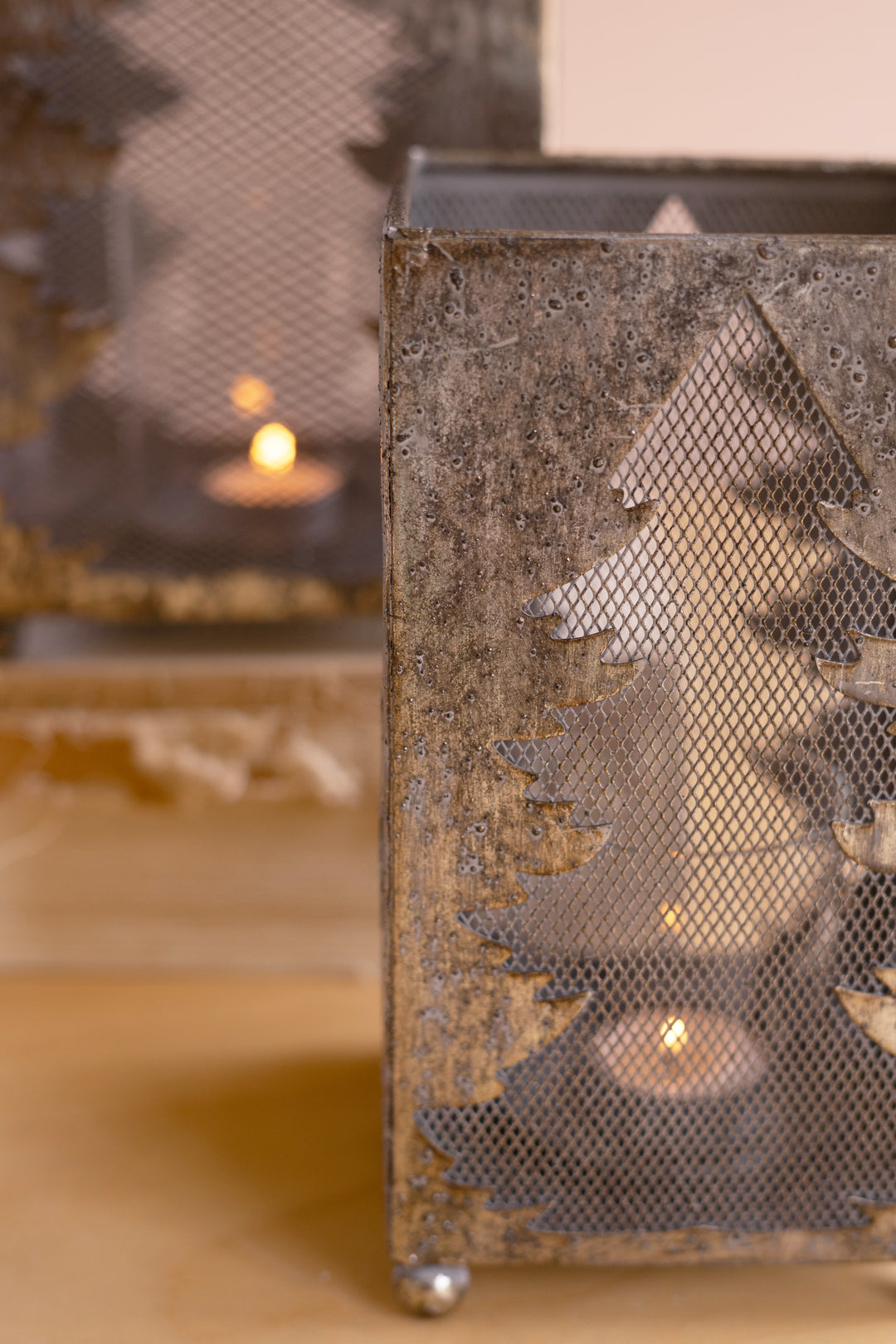 Set of 2 Rustic Metal Christmas Tree Luminaries