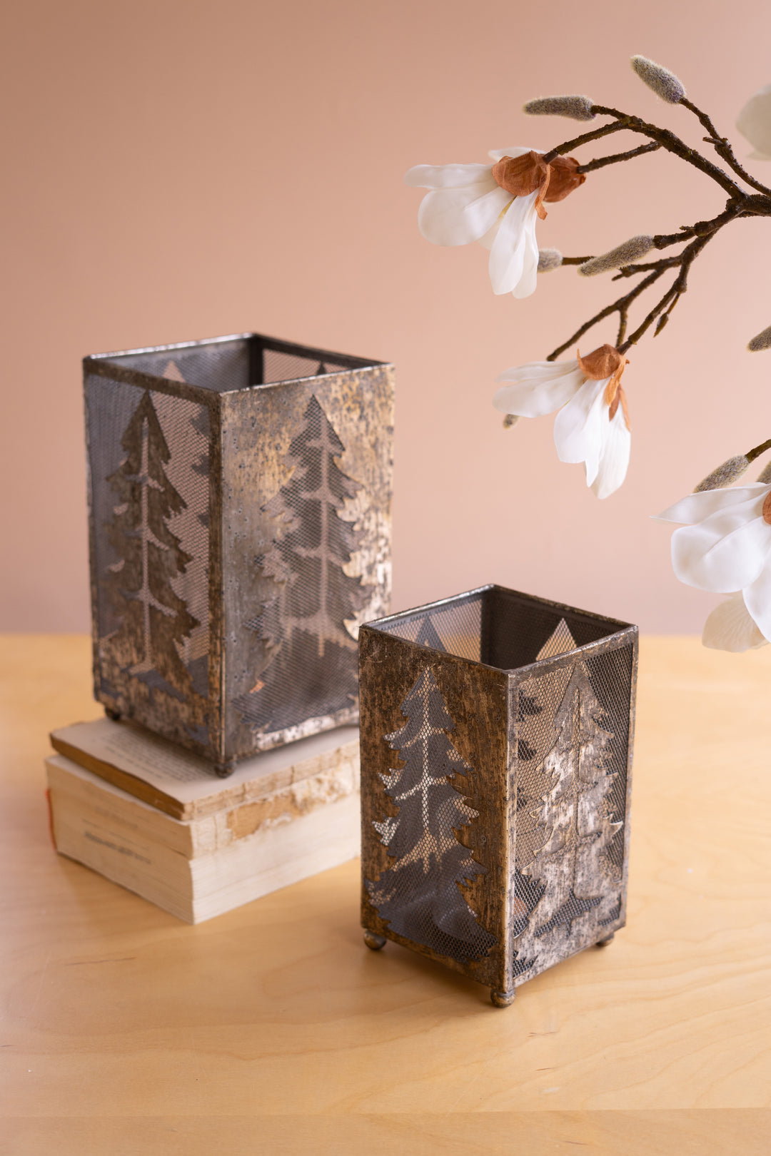 Set of 2 Rustic Metal Christmas Tree Luminaries
