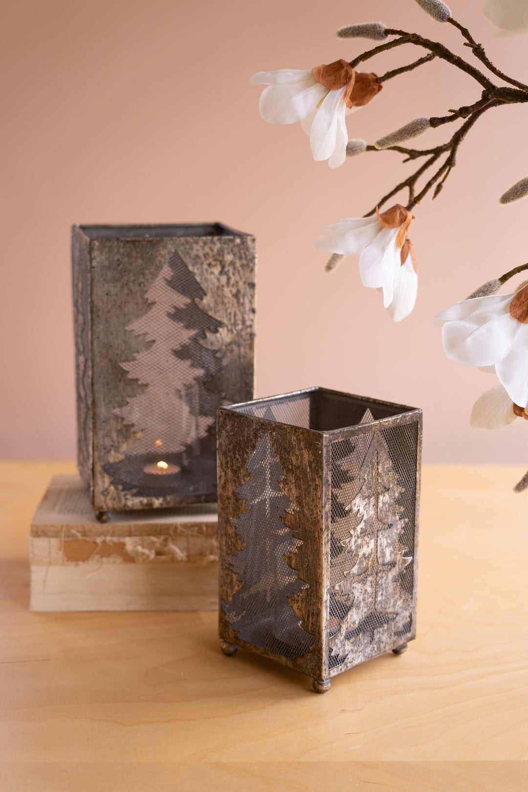 Set of 2 Rustic Metal Christmas Tree Luminaries
