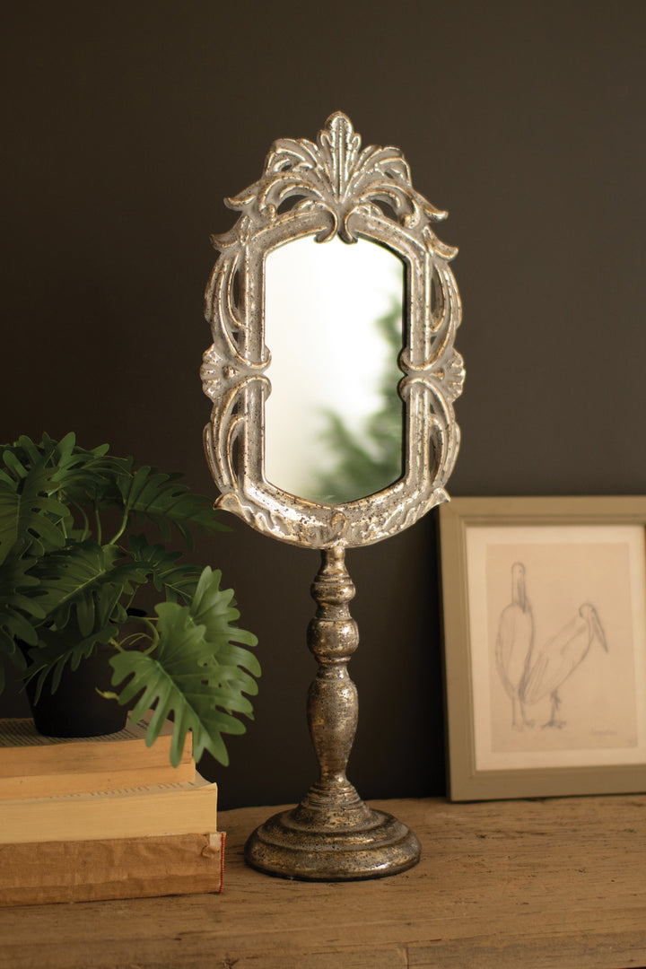 Ornate Rustic Metal Tabletop Mirror with Pedestal Base