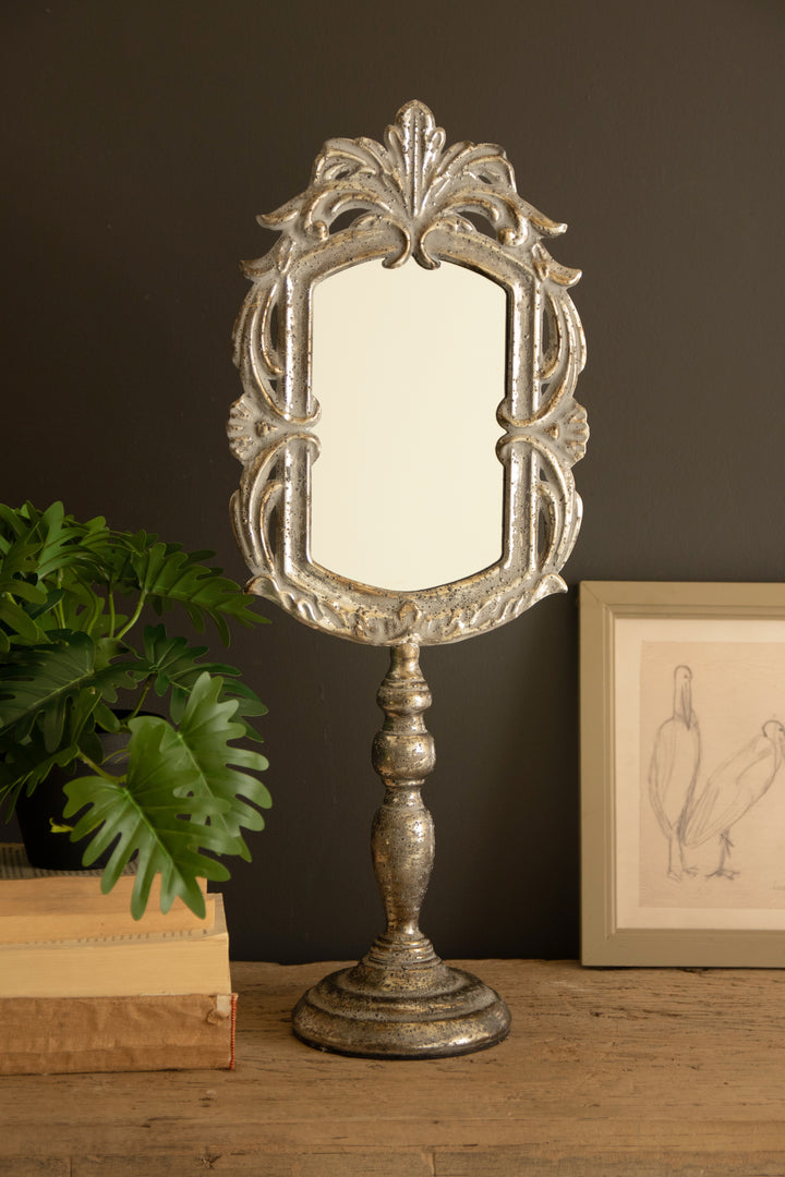 Ornate Rustic Metal Tabletop Mirror with Pedestal Base