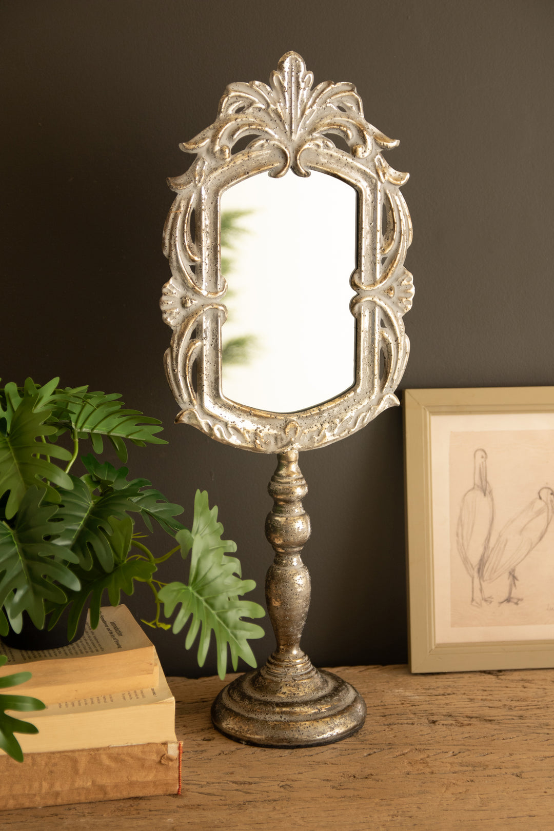 Ornate Rustic Metal Tabletop Mirror with Pedestal Base