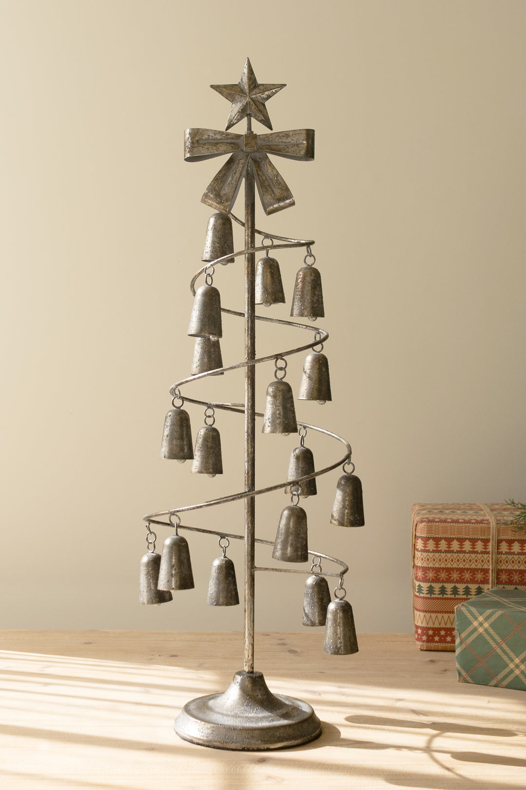Rustic Metal Christmas Tree with Bells, Bow and Star