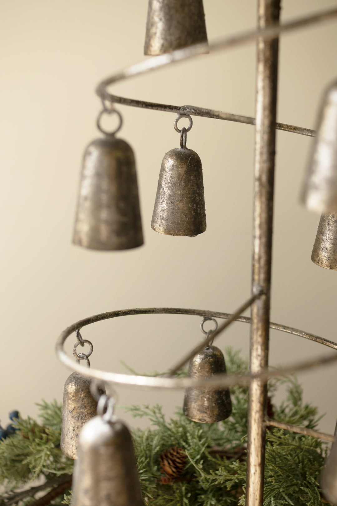 Rustic Metal Christmas Tree with Bells, Bow and Star