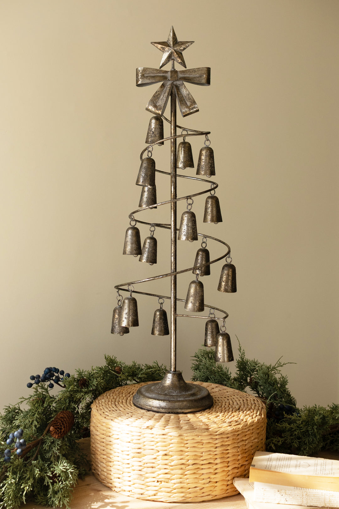 Rustic Metal Christmas Tree with Bells, Bow and Star