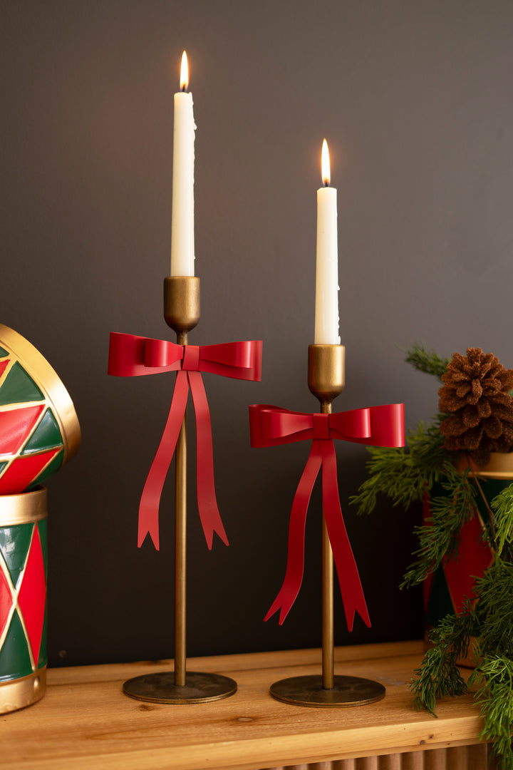 Set of 2 Metal Christmas Bow Taper Candle Holders