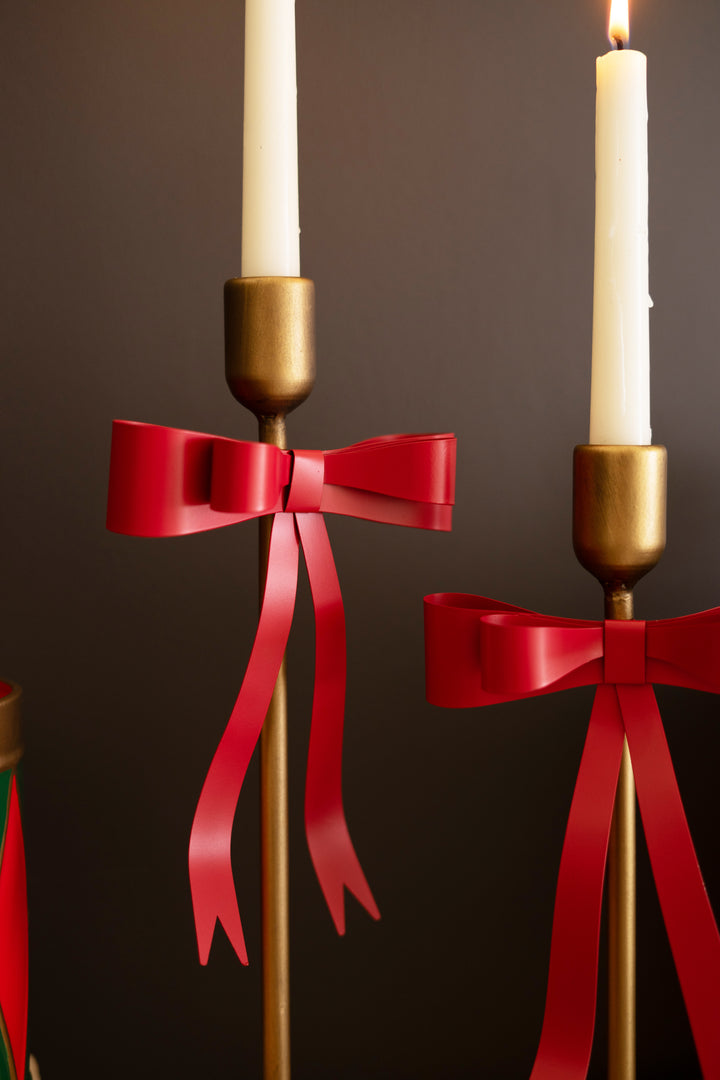 Set of 2 Metal Christmas Bow Taper Candle Holders