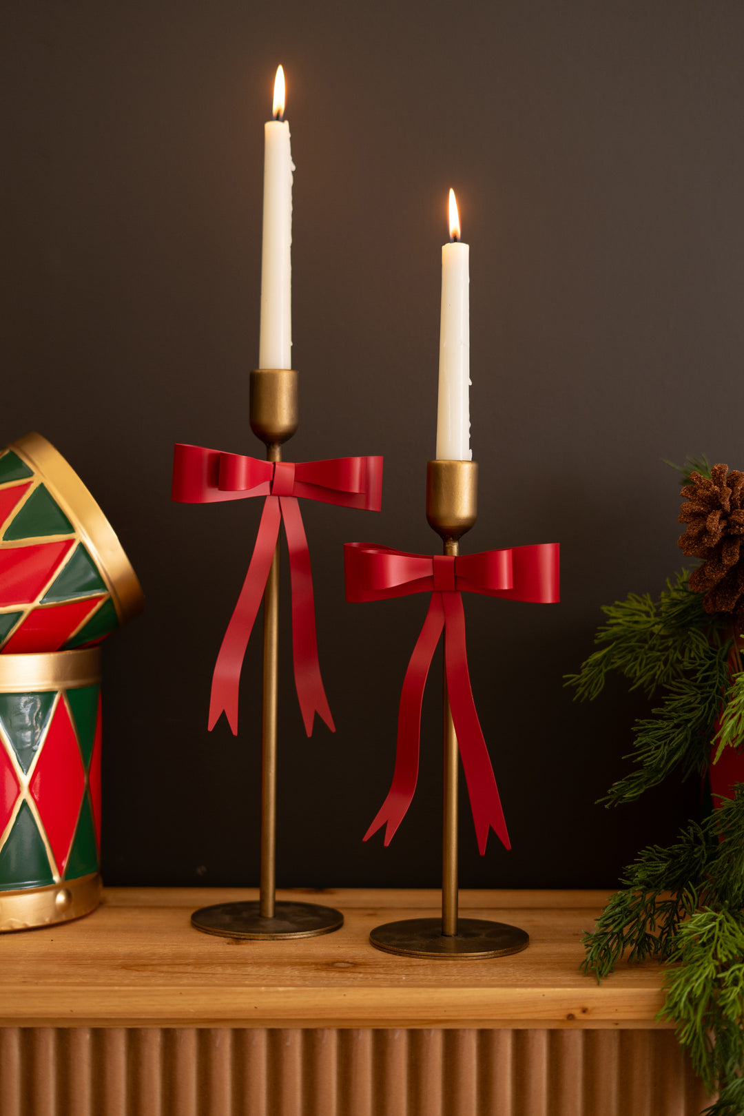 Set of 2 Metal Christmas Bow Taper Candle Holders