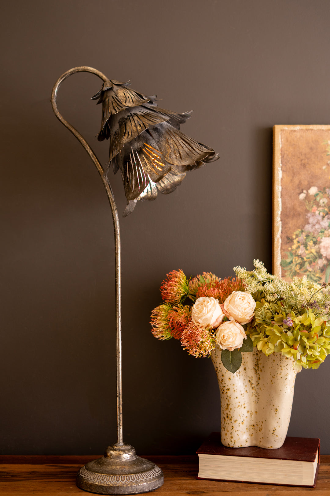 Rustic Metal Table Lamp with Flower Shade