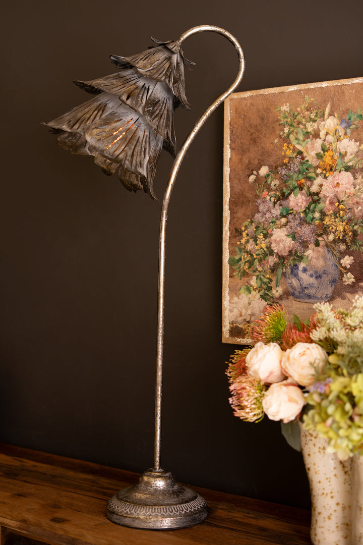 Rustic Metal Table Lamp with Flower Shade