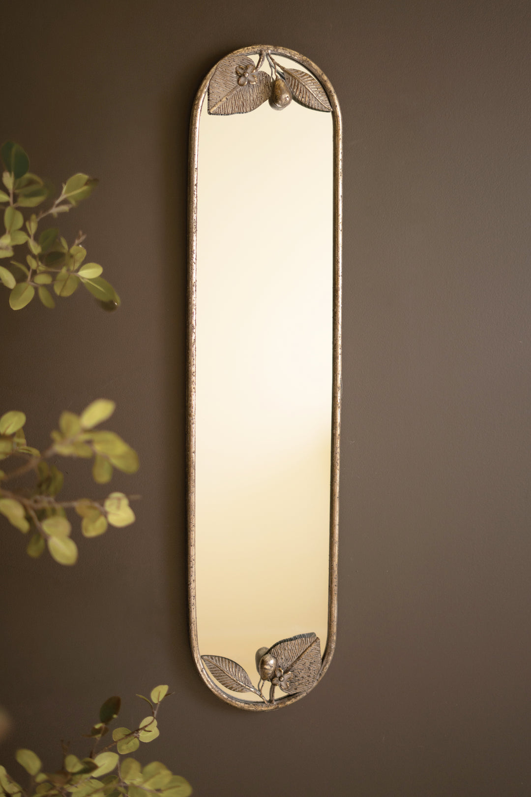Tall Rustic Metal Framed Mirror with Leaf and Fruit Detail