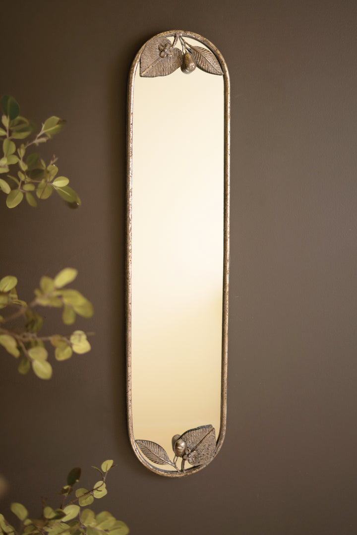 Tall Rustic Metal Framed Mirror with Leaf and Fruit Detail
