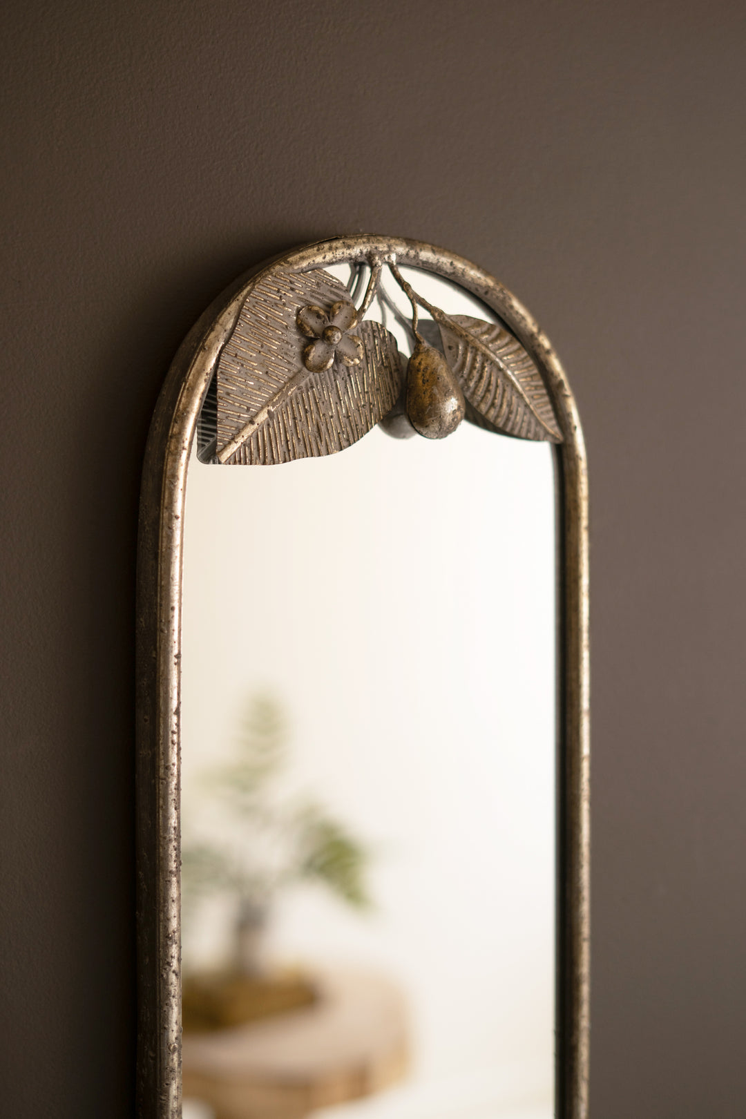 Tall Rustic Metal Framed Mirror with Leaf and Fruit Detail