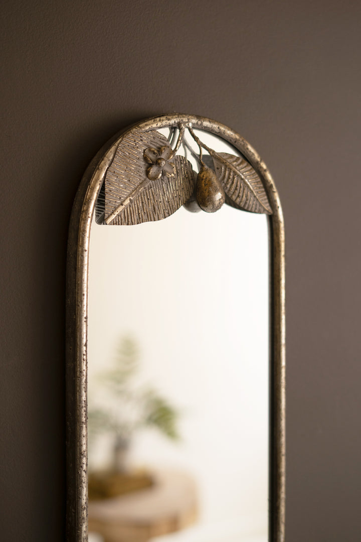 Tall Rustic Metal Framed Mirror with Leaf and Fruit Detail