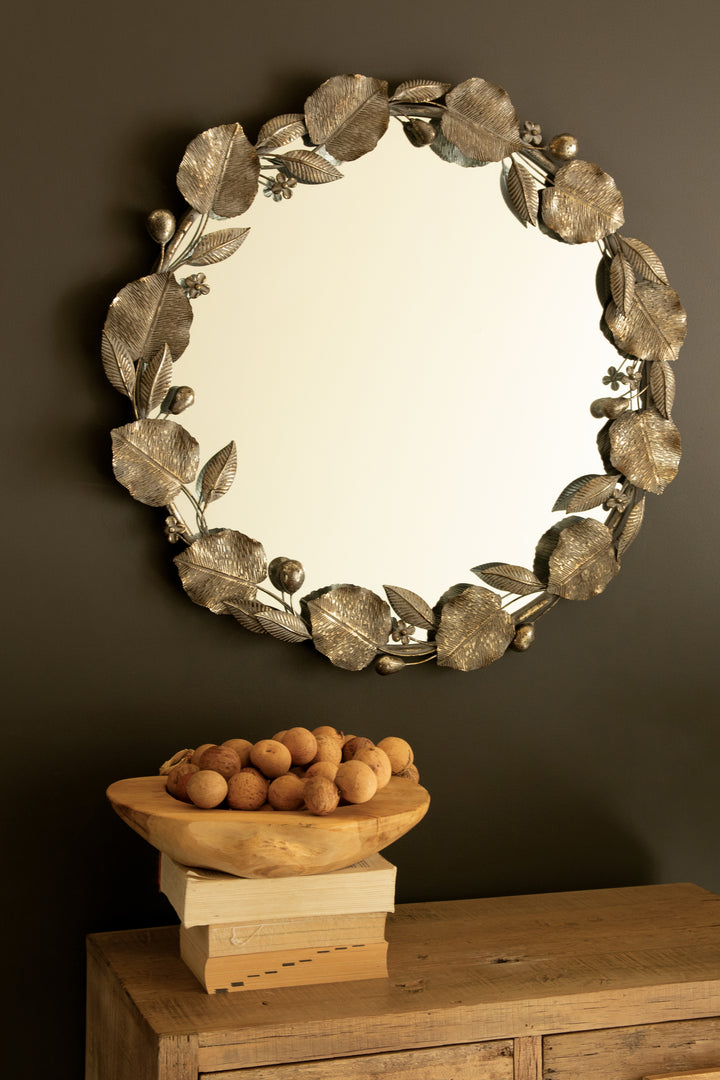 Round Rustic Metal Framed Mirror with Leaf and Fruit Detail