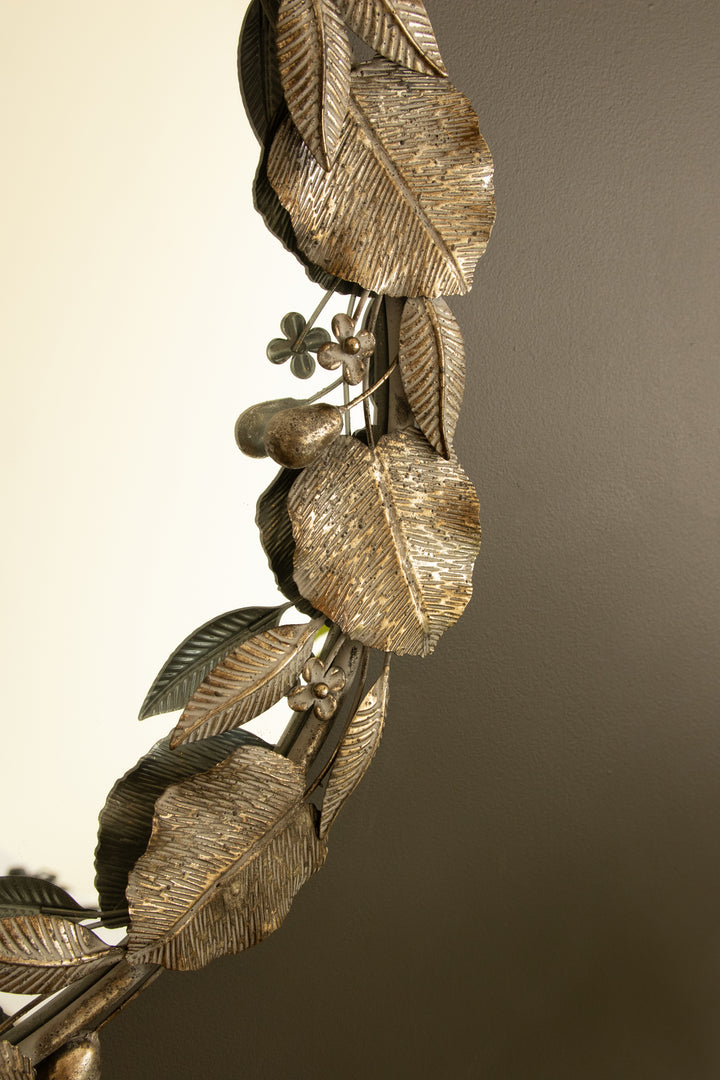 Round Rustic Metal Framed Mirror with Leaf and Fruit Detail