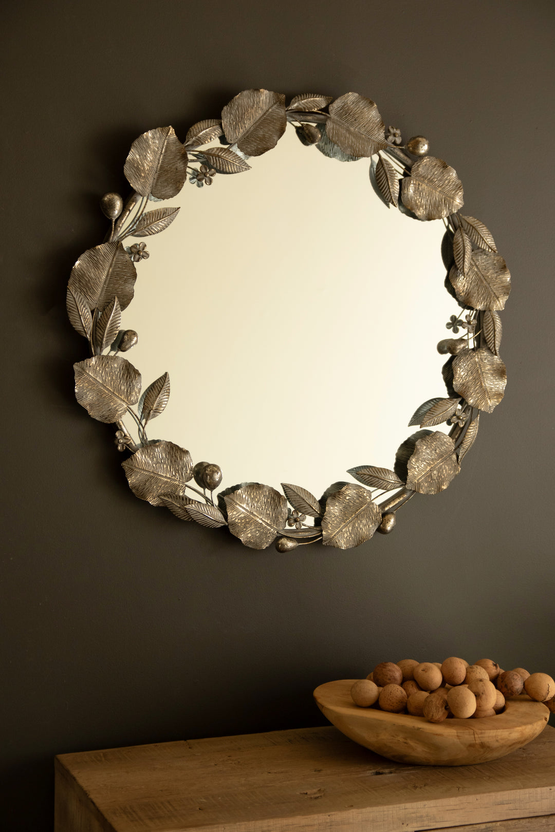 Round Rustic Metal Framed Mirror with Leaf and Fruit Detail