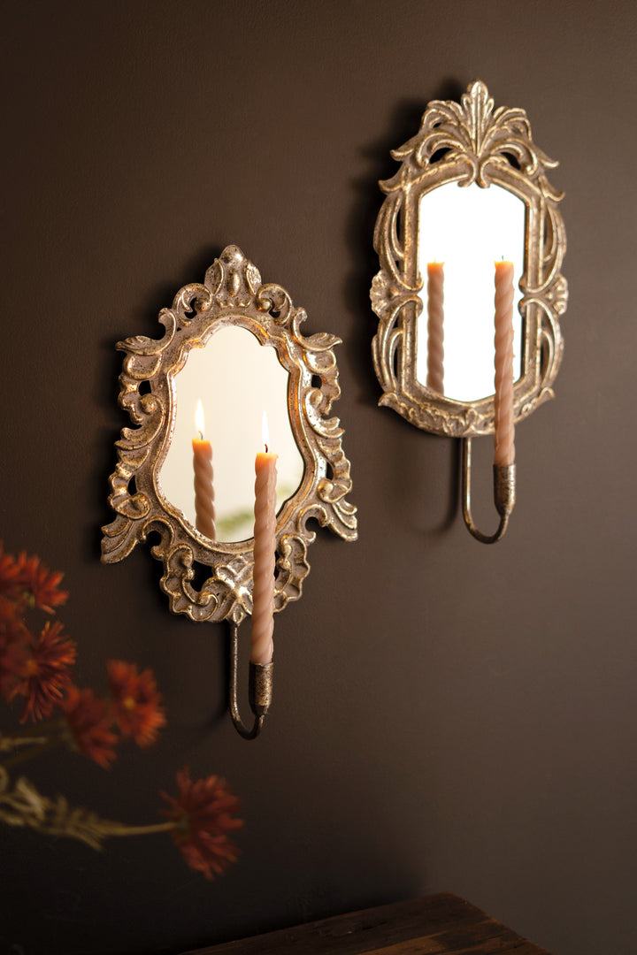 Set of 2 Ornate Rustic Metal Framed Mirror Taper Sconces