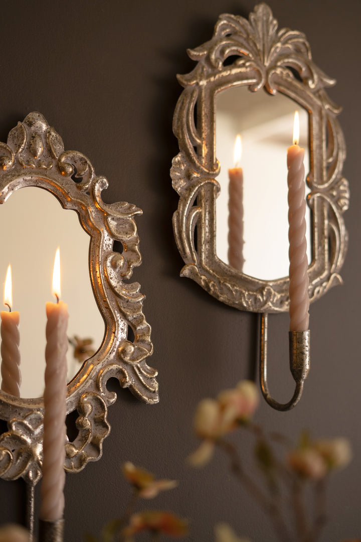Set of 2 Ornate Rustic Metal Framed Mirror Taper Sconces