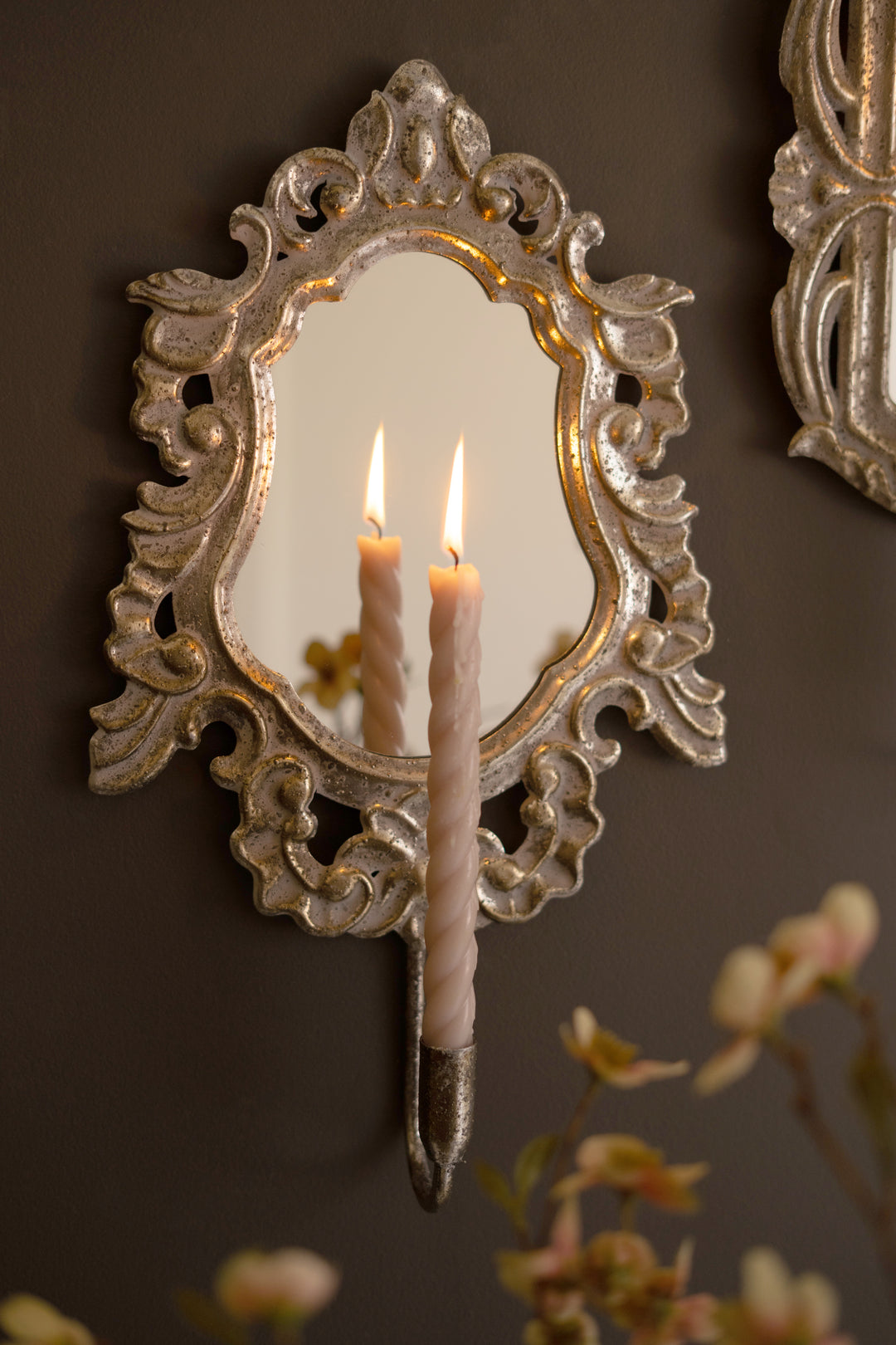 Set of 2 Ornate Rustic Metal Framed Mirror Taper Sconces