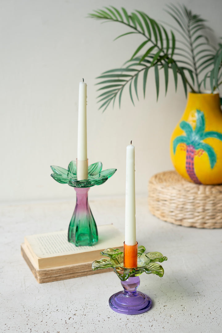 Set of 2 Colored Glass Flower Taper Candle Holders