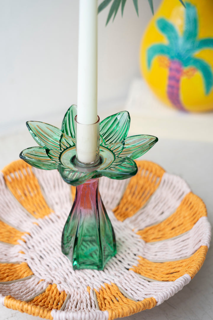 Set of 2 Colored Glass Flower Taper Candle Holders