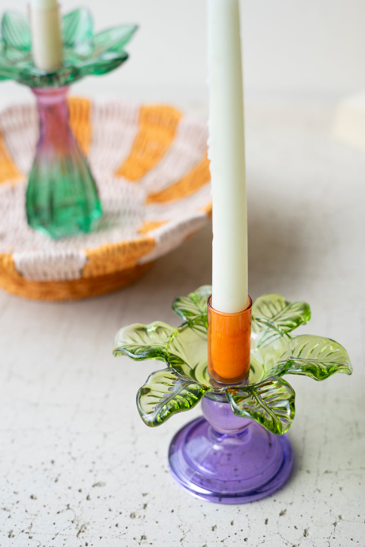 Set of 2 Colored Glass Flower Taper Candle Holders