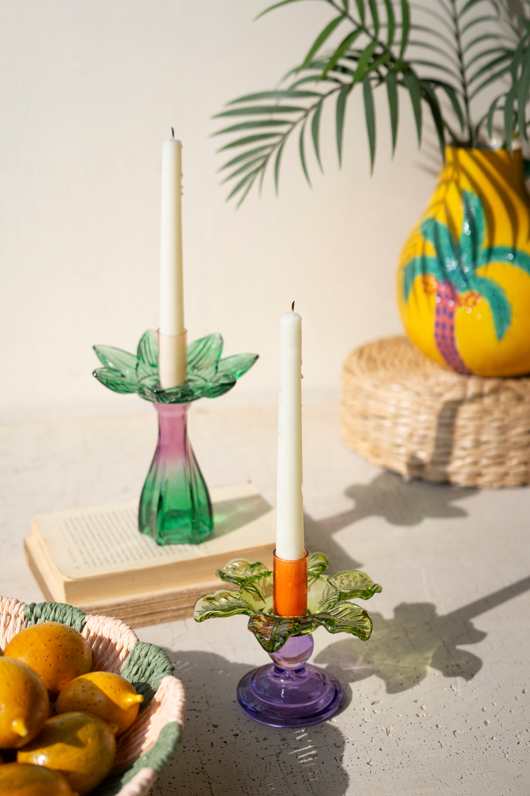Set of 2 Colored Glass Flower Taper Candle Holders