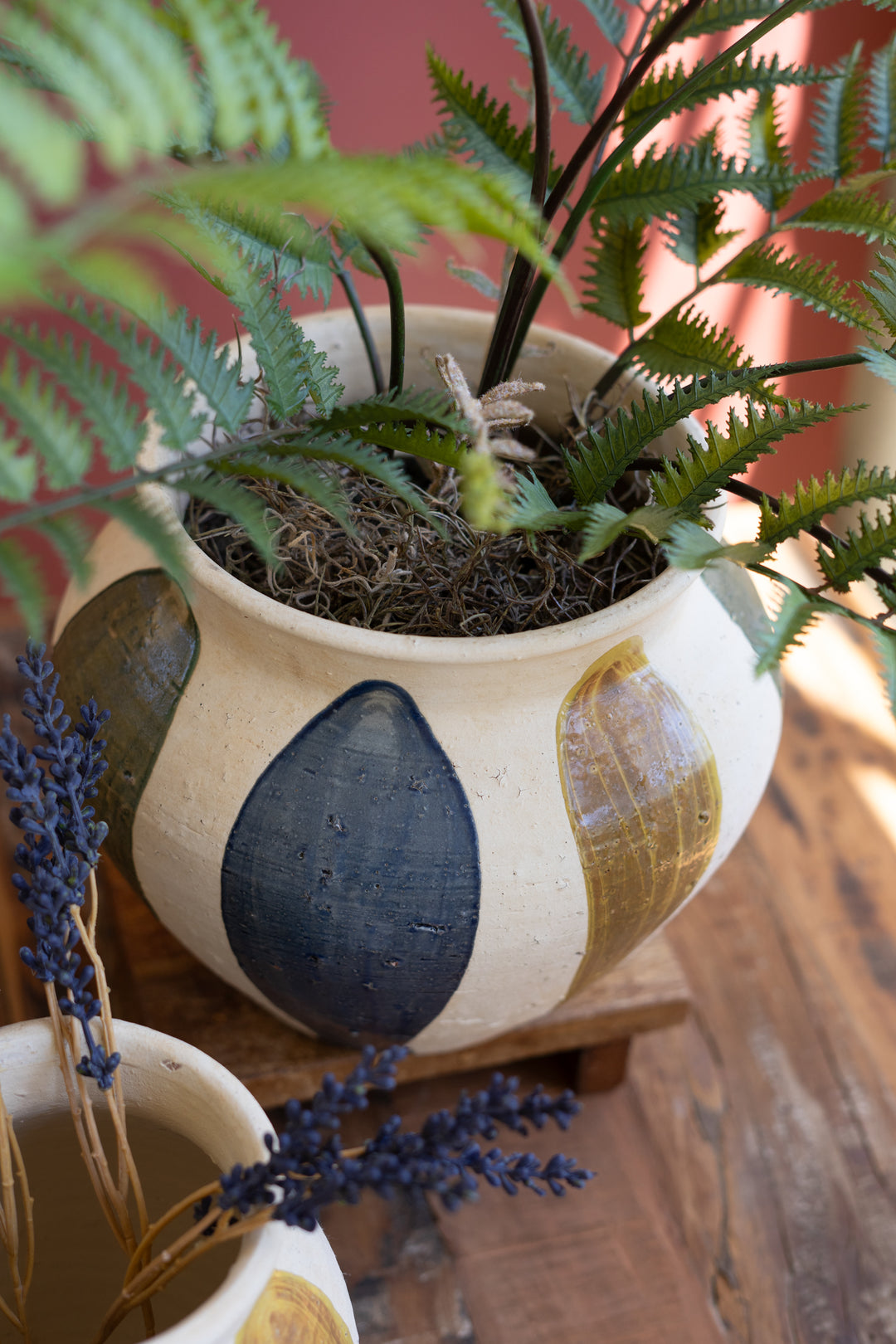 Set of 2 Blue, Mustard and Green Ceramic Vessels